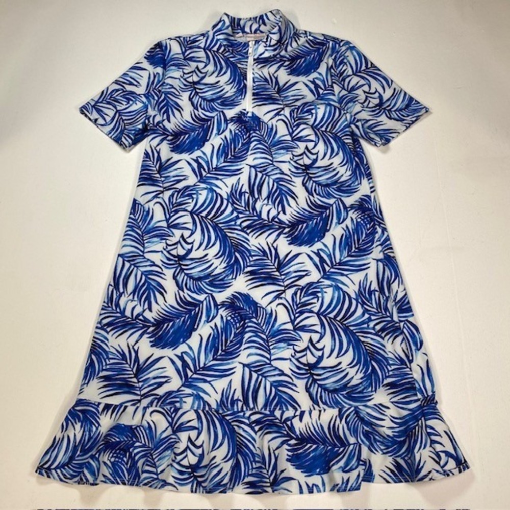 Tommy Bahama Golf Dress Women Medium Blue White Palm Leaf Quarter Zip Ruffle Hem